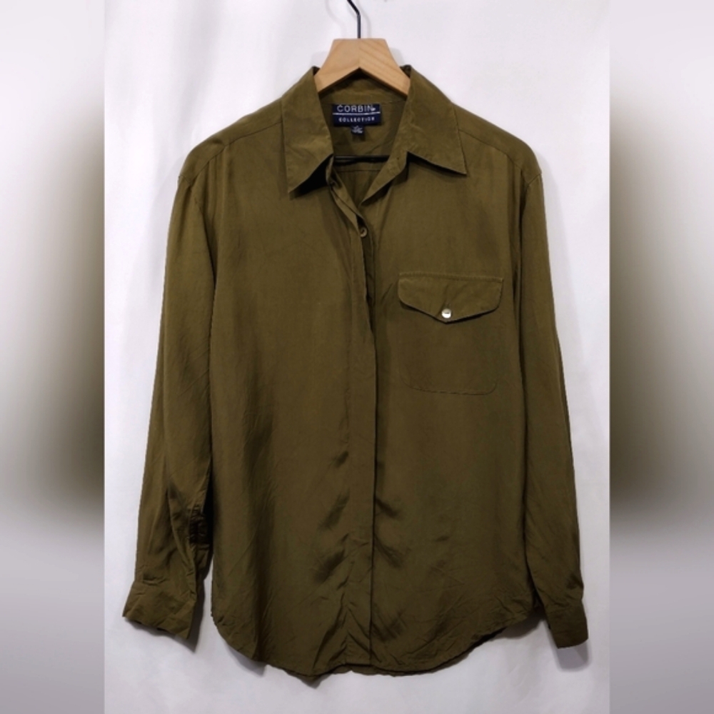 Cobbins Collection 100% Silk Button Shirt Women's 8 Green Office Career Retro